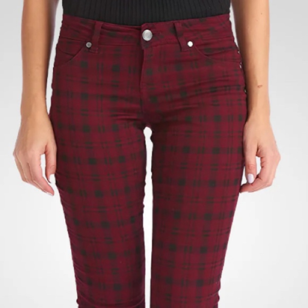 Tartan Print Jeans Maroon/Black Sz 10